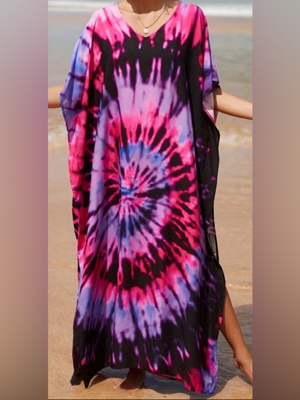 kaftan tunic with tie-dye print V-neck side slits bohemian Cover Up One Size